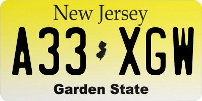 NJ license plate A33XGW