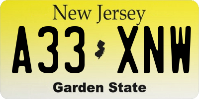 NJ license plate A33XNW