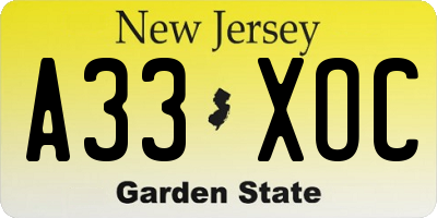 NJ license plate A33XOC