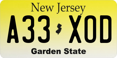 NJ license plate A33XOD
