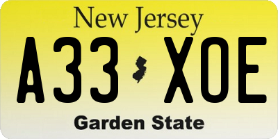 NJ license plate A33XOE