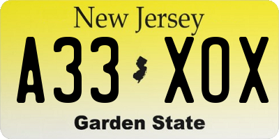 NJ license plate A33XOX