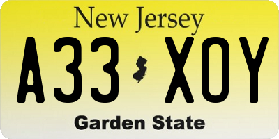 NJ license plate A33XOY