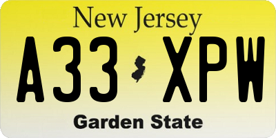 NJ license plate A33XPW