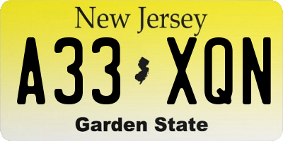 NJ license plate A33XQN