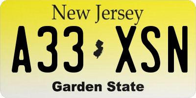 NJ license plate A33XSN