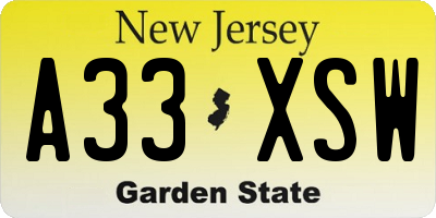NJ license plate A33XSW