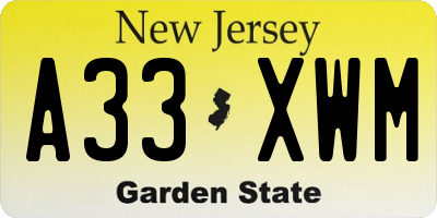 NJ license plate A33XWM