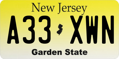 NJ license plate A33XWN