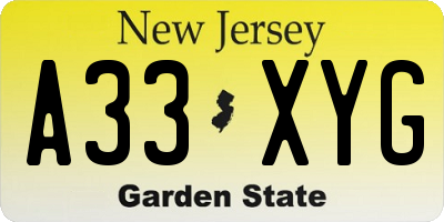 NJ license plate A33XYG