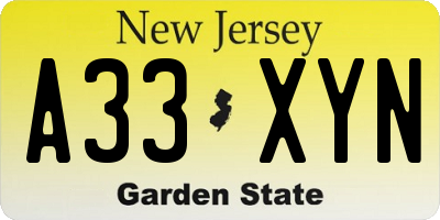 NJ license plate A33XYN