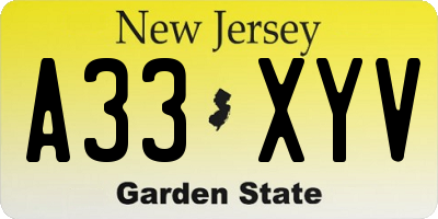 NJ license plate A33XYV