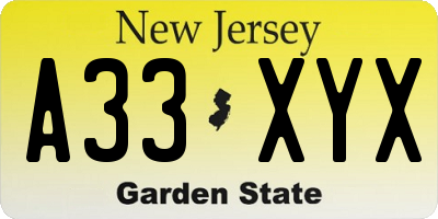 NJ license plate A33XYX