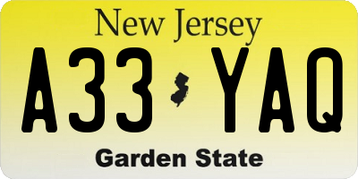 NJ license plate A33YAQ