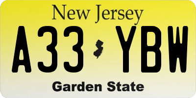 NJ license plate A33YBW