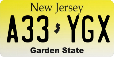 NJ license plate A33YGX