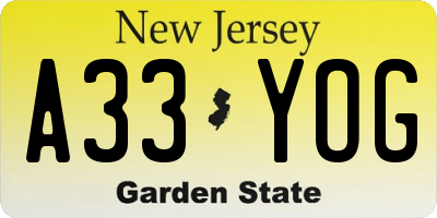 NJ license plate A33YOG