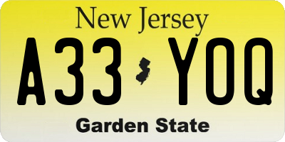 NJ license plate A33YOQ