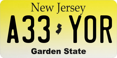 NJ license plate A33YOR
