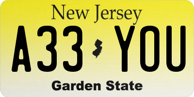 NJ license plate A33YOU
