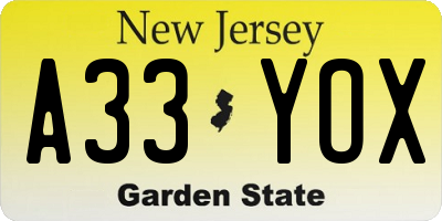 NJ license plate A33YOX