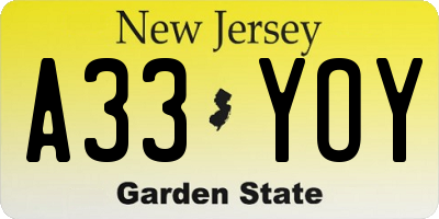 NJ license plate A33YOY