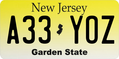 NJ license plate A33YOZ