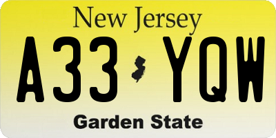 NJ license plate A33YQW