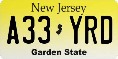 NJ license plate A33YRD