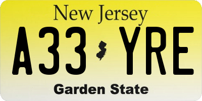 NJ license plate A33YRE