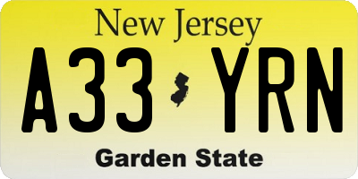 NJ license plate A33YRN