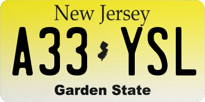 NJ license plate A33YSL