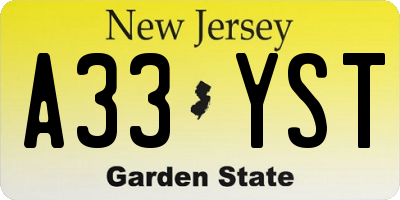 NJ license plate A33YST