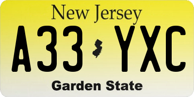 NJ license plate A33YXC