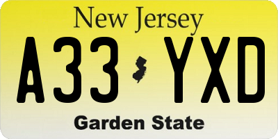 NJ license plate A33YXD
