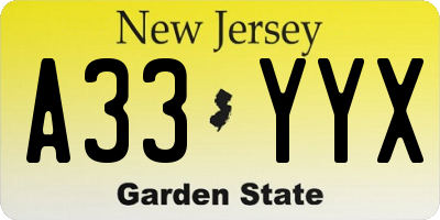 NJ license plate A33YYX