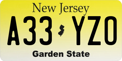 NJ license plate A33YZO