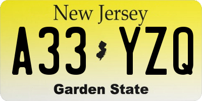 NJ license plate A33YZQ