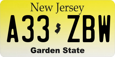 NJ license plate A33ZBW