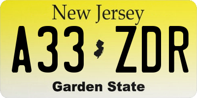 NJ license plate A33ZDR