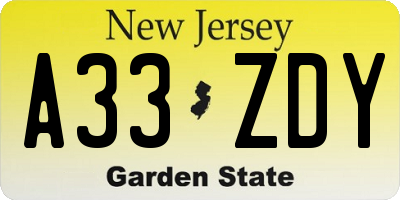 NJ license plate A33ZDY