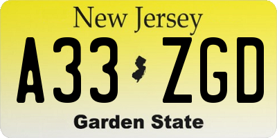 NJ license plate A33ZGD