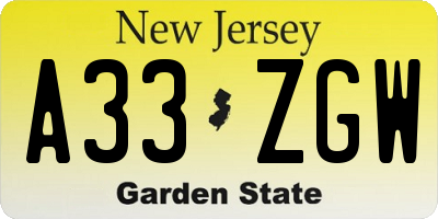 NJ license plate A33ZGW