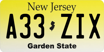 NJ license plate A33ZIX