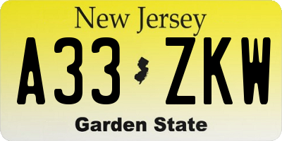 NJ license plate A33ZKW
