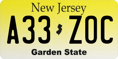 NJ license plate A33ZOC