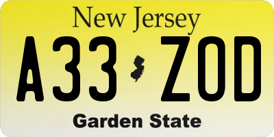 NJ license plate A33ZOD