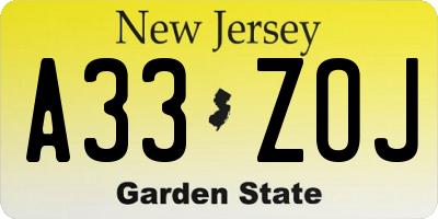 NJ license plate A33ZOJ