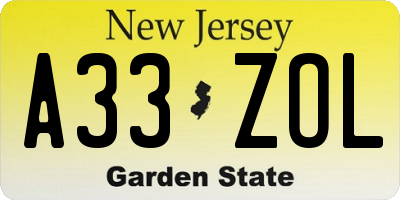 NJ license plate A33ZOL