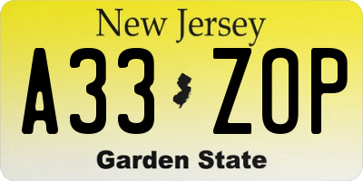 NJ license plate A33ZOP